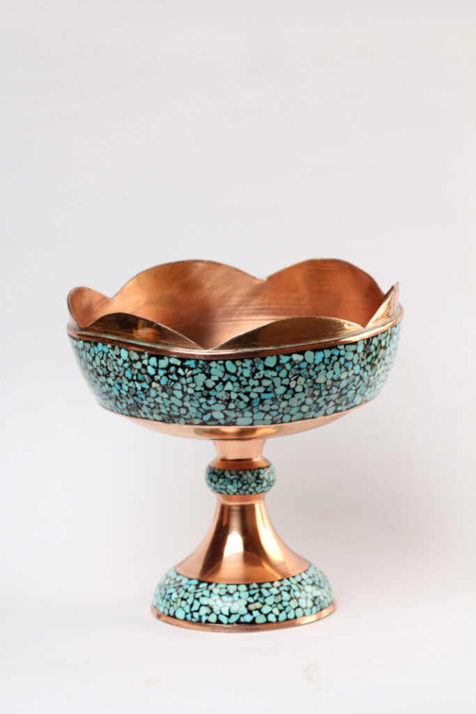 TURQUOISE STONE & COPPER CANDY/NUT PEDESTAL BOWL DISH