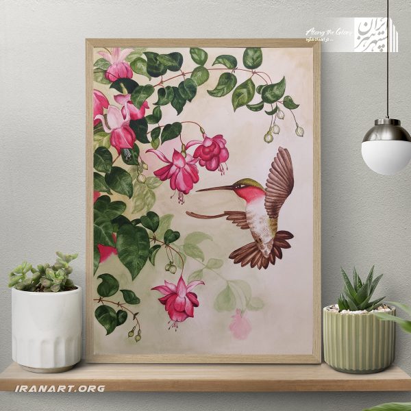 تابلو نقاشی آبرنگ پرنده و گل