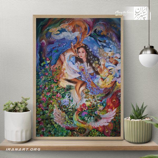 تابلوی مینیاتور زن و آهو