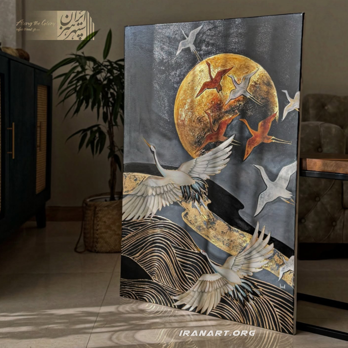 Screenshot-2025-10-13-162952 تابلو نقاشی رنگ روغن و تکسچر «پرواز لکلکها» - Image 1