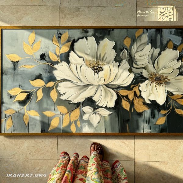 تابلو نقاشی گل رنگ روغن و اکریلیک با قاب طلایی