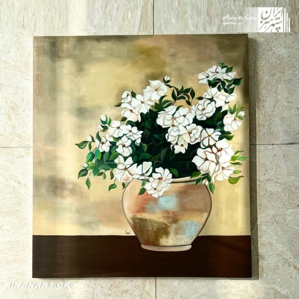 تابلو رنگ روغن گلدان گل روی بوم